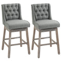 Set of two Brynleigh gray button-tufted bar stools with wooden legs
