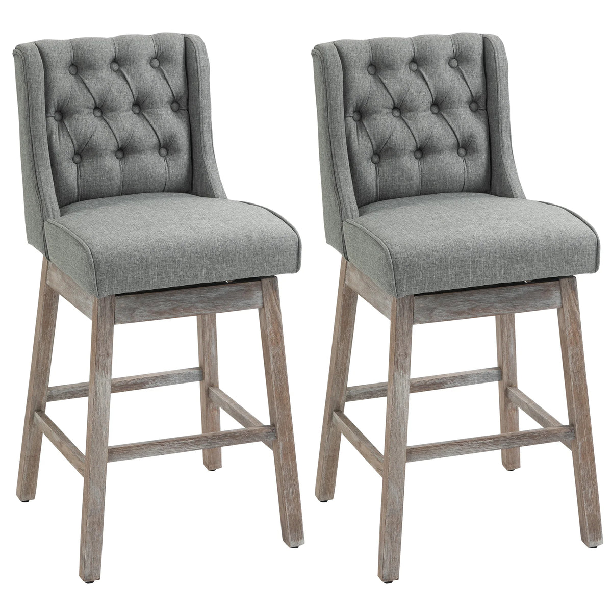 Set of two Brynleigh gray button-tufted bar stools with wooden legs