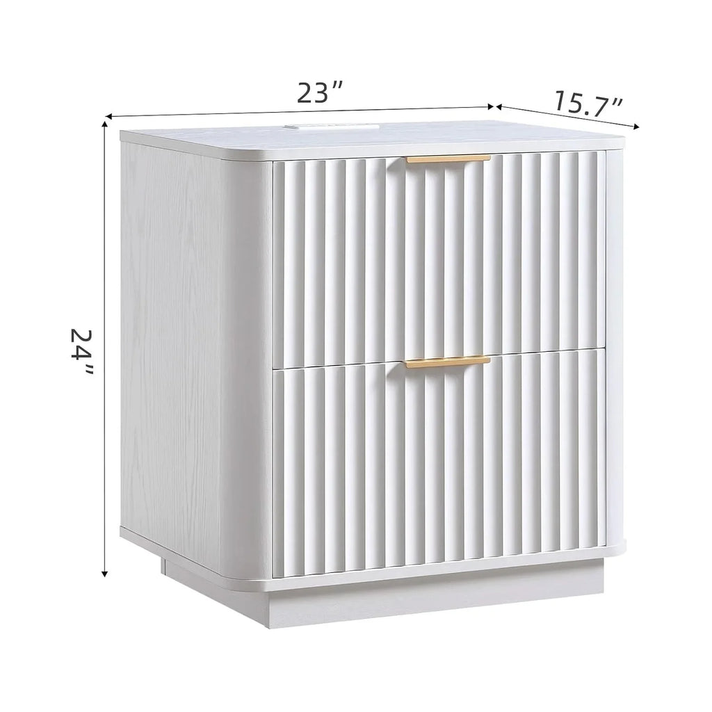 Lucentarc white nightstand measuring 23 inches wide, 15.7 inches deep and 24 inches high.