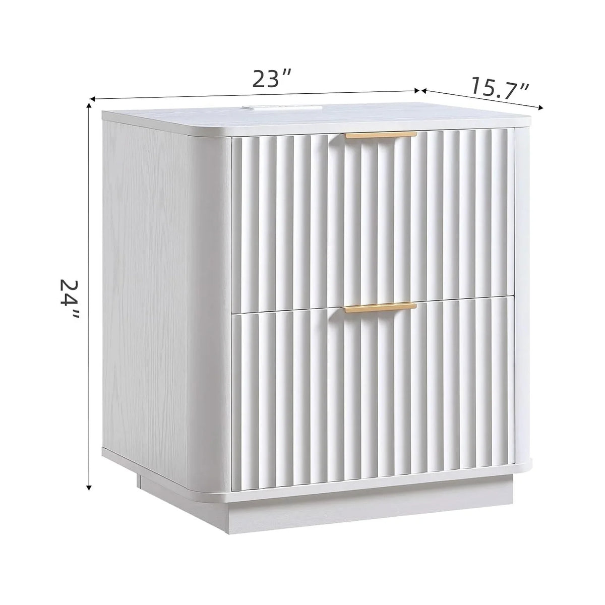 Lucentarc white nightstand measuring 23 inches wide, 15.7 inches deep and 24 inches high.