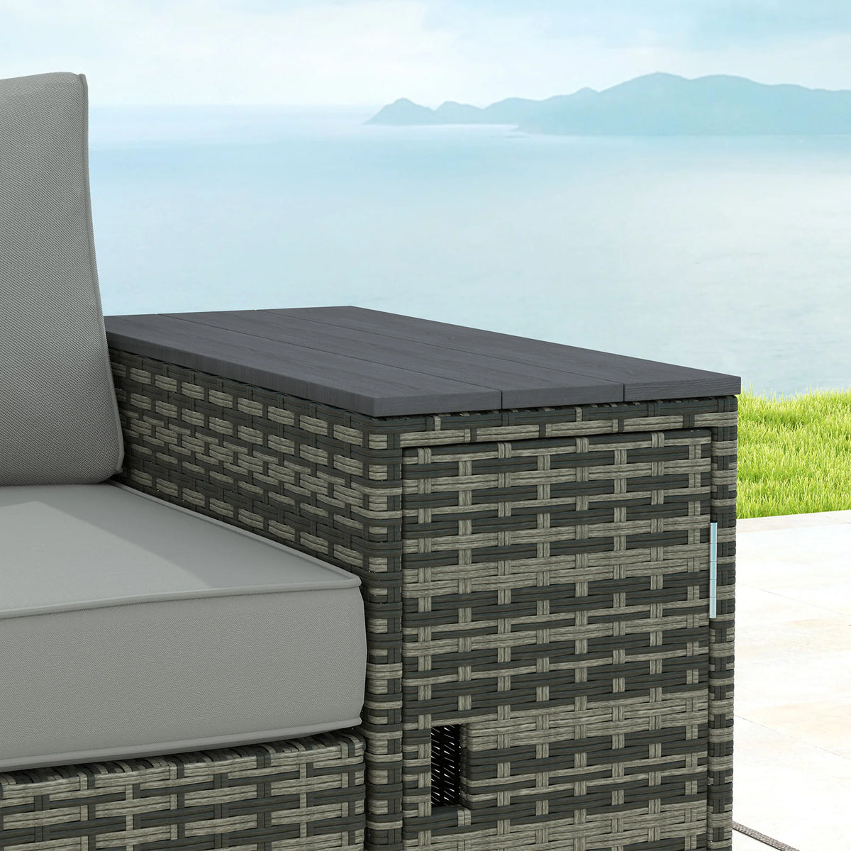 Sundew Storage-Arm Wicker Patio Sofa - Gray