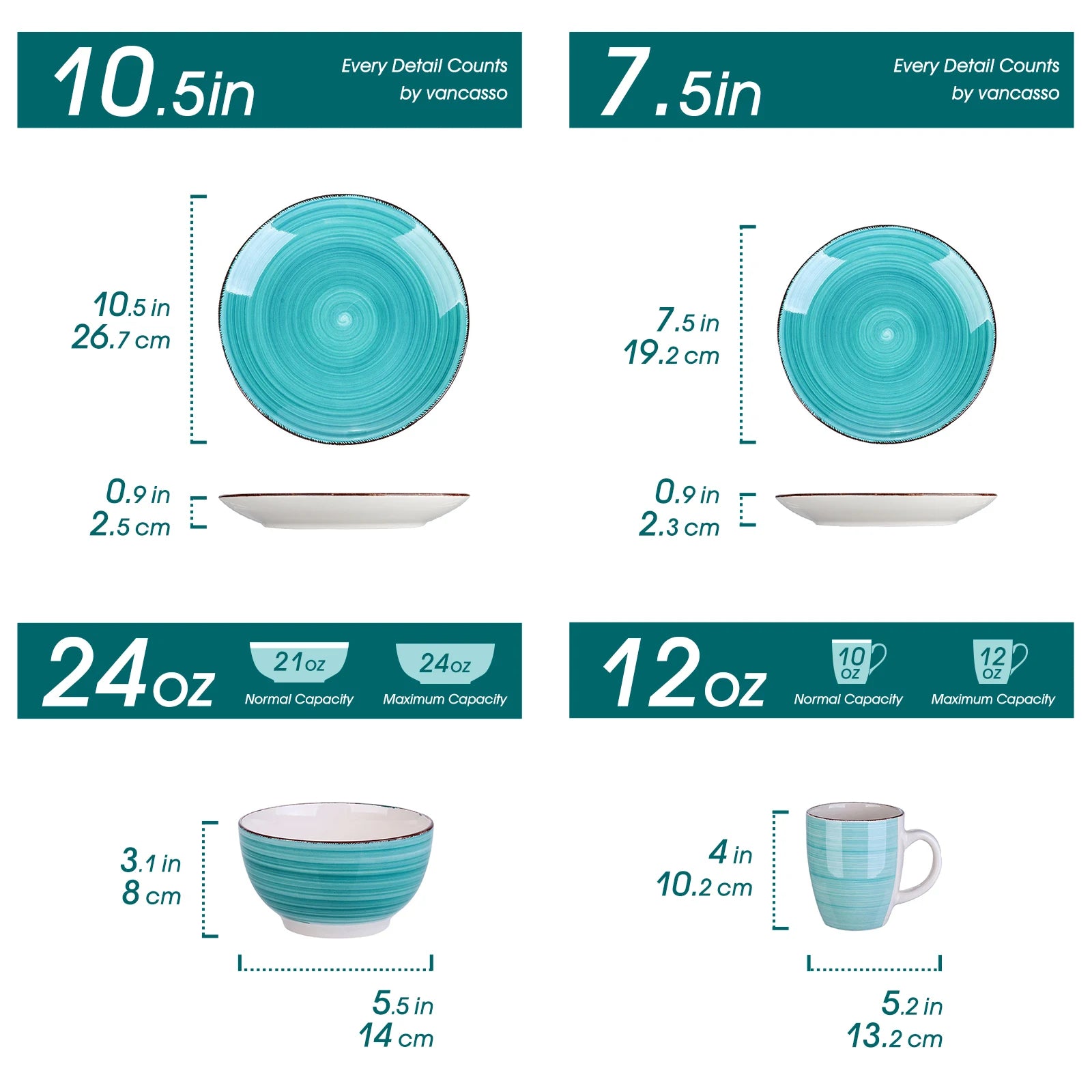 VANCASSO Bella Stoneware Dinnerware Set – 16/32/48 Pieces, Turquoise