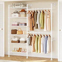 White Wonderveil closet system with six shelves and two hanging rods in an open closet