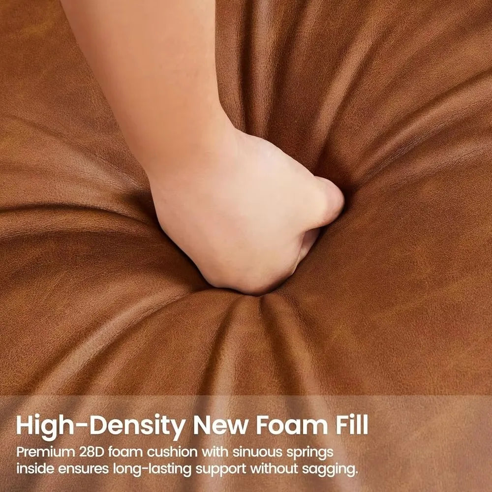 Close-up of high-density foam cushion beneath cognac faux leather
