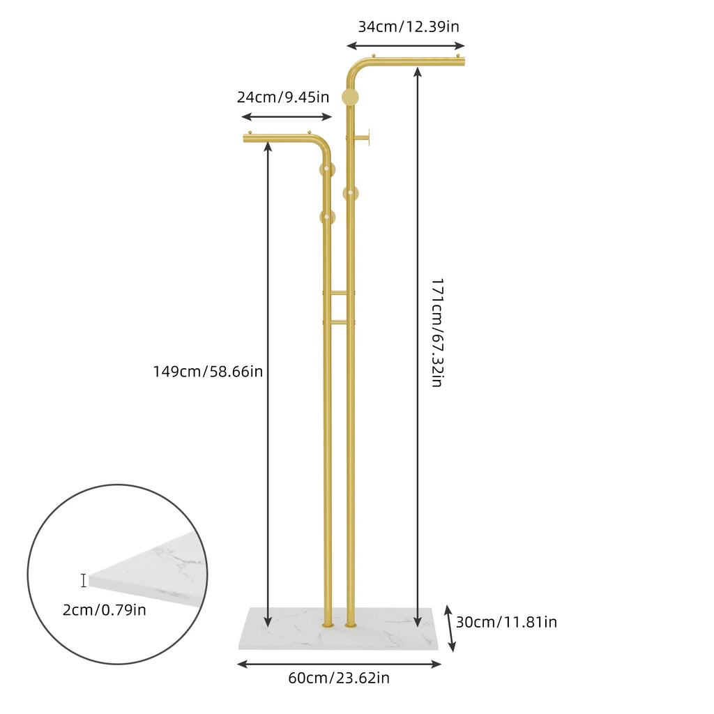 Gold freestanding bathtub faucet with measurements on a white background