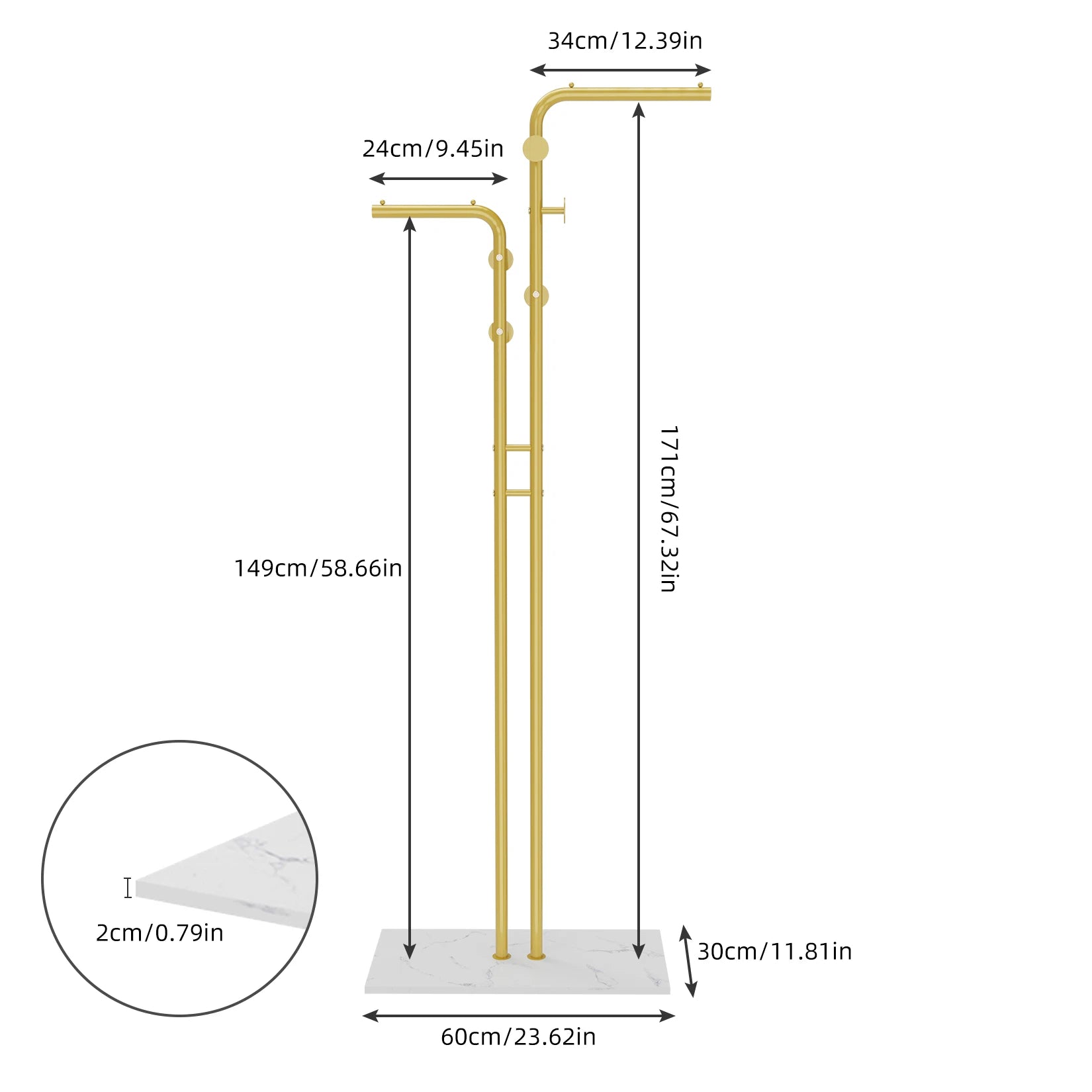 Gold freestanding bathtub faucet with measurements on a white background