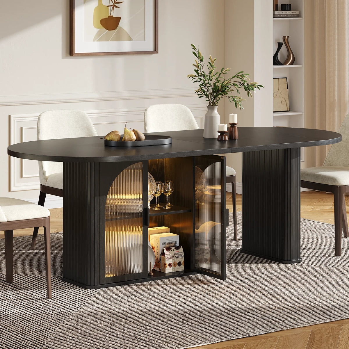 Duskhalo Black oval table with illuminated glass-front storage and fluted supports.