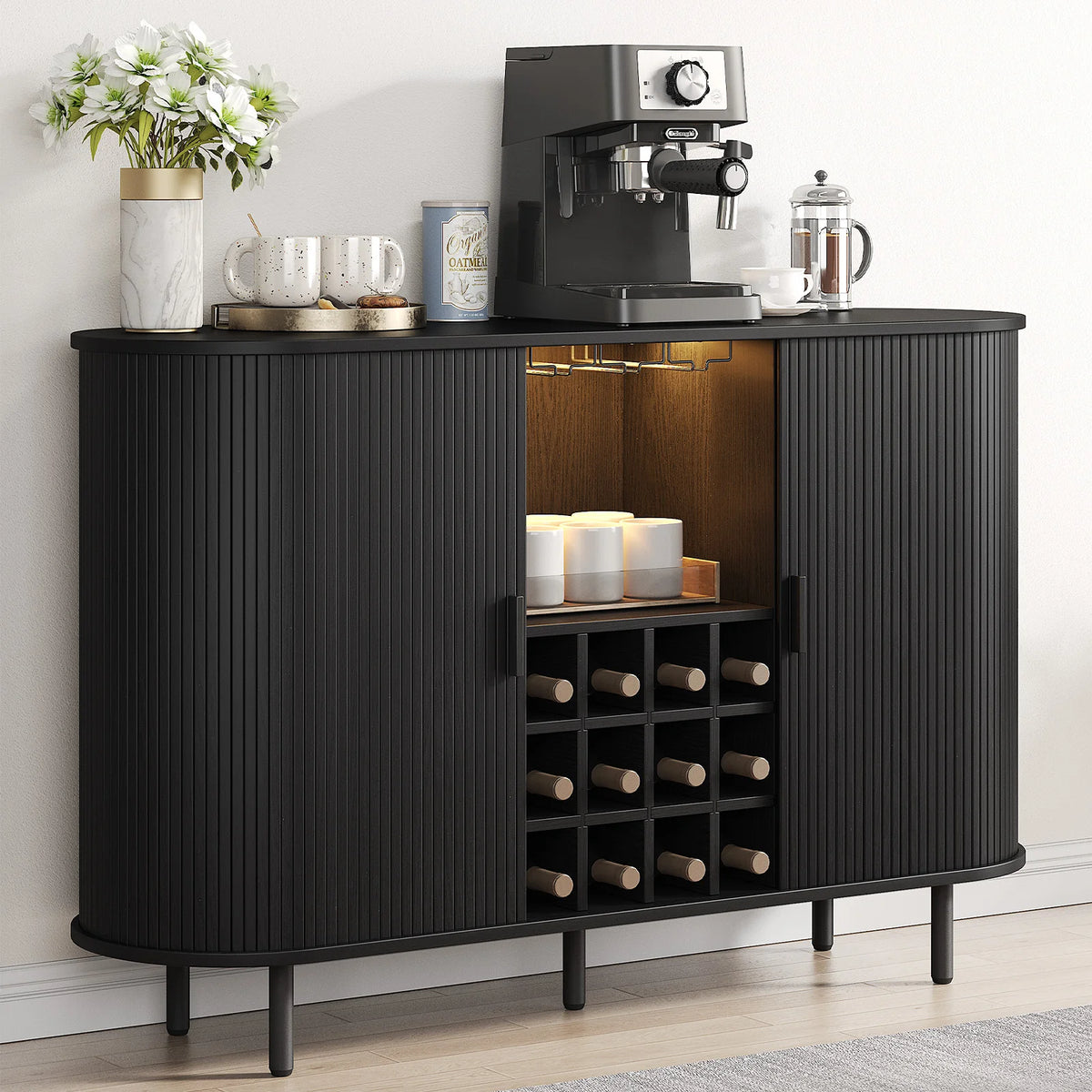 Aswan Black curved fluted sideboard with open shelving and stemware display