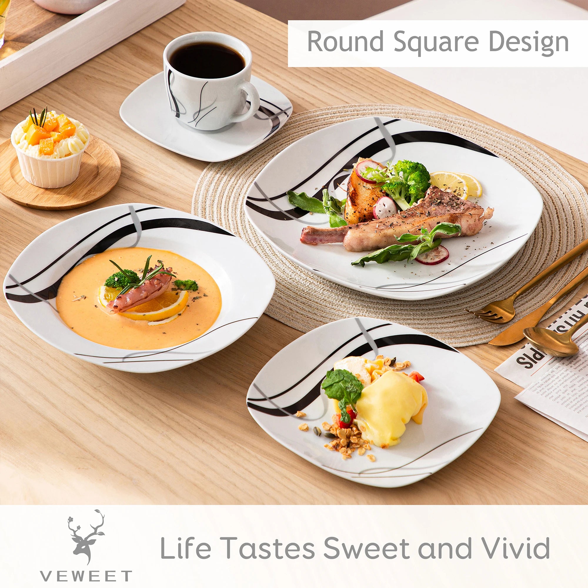 VEWEET Fiona Porcelain Dinnerware Set – 30/60 Pieces, Gray & Black Lines