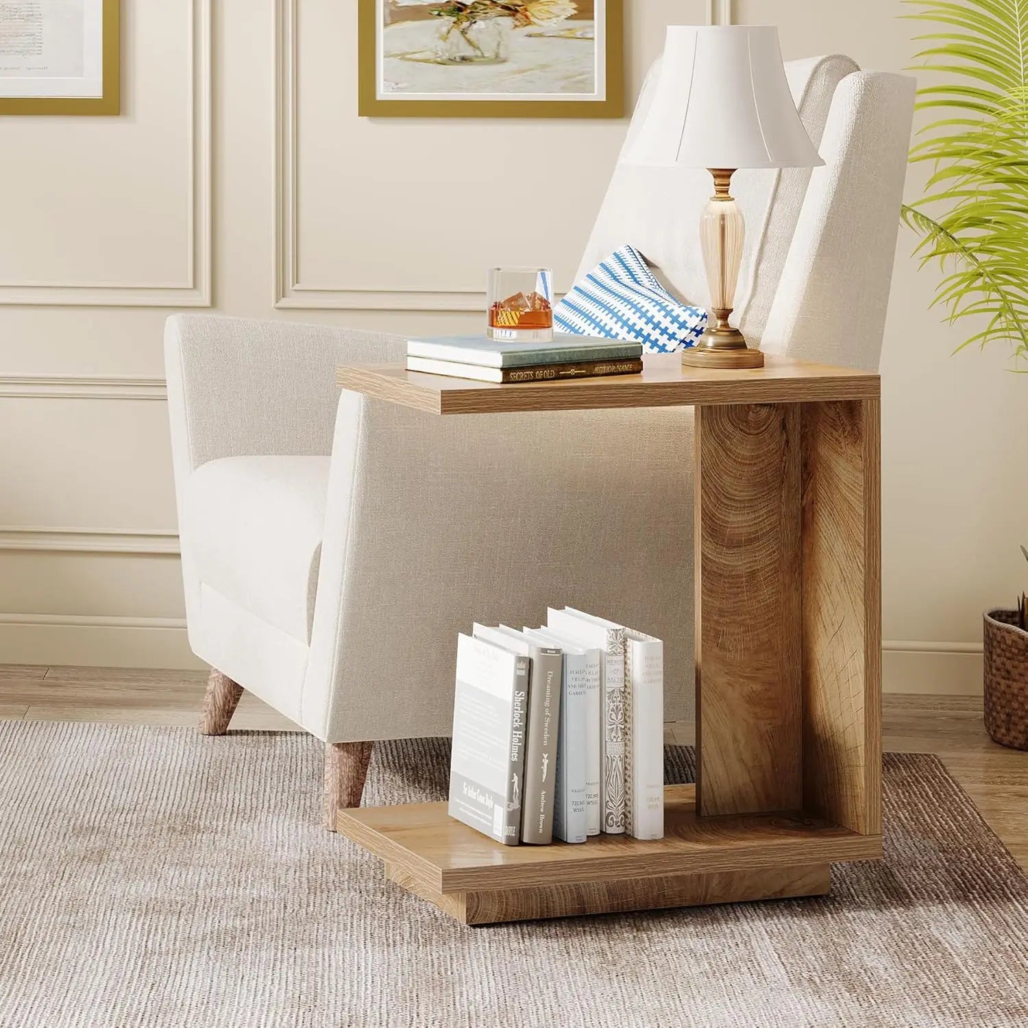 Rustic Pedestal C-Shaped Side Table