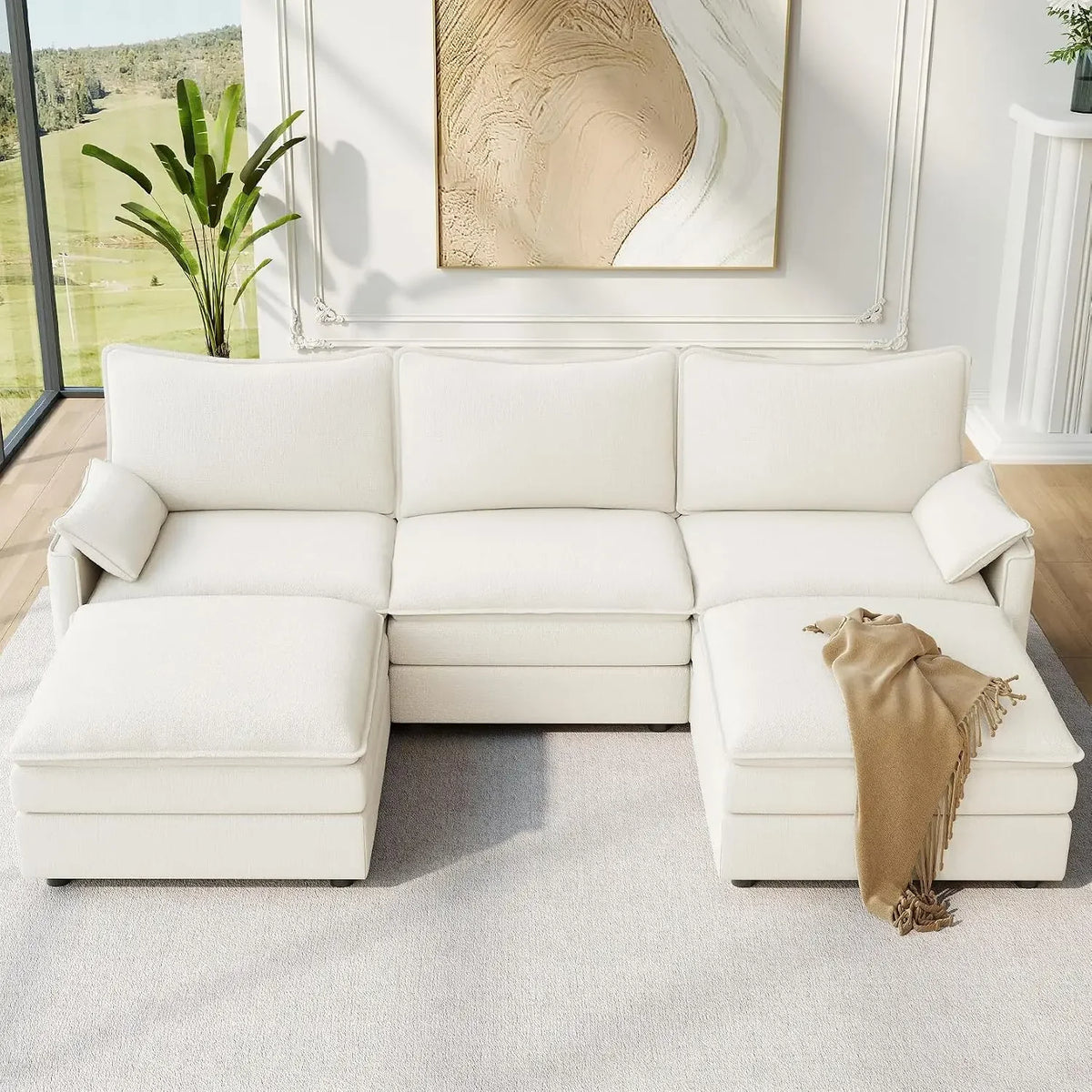 Vellune White chenille modular sectional and two matching ottomans