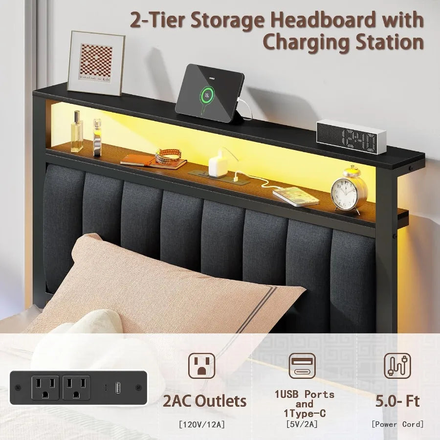Two-tier headboard and charging panel with two AC outlets, USB-A and USB-C ports
