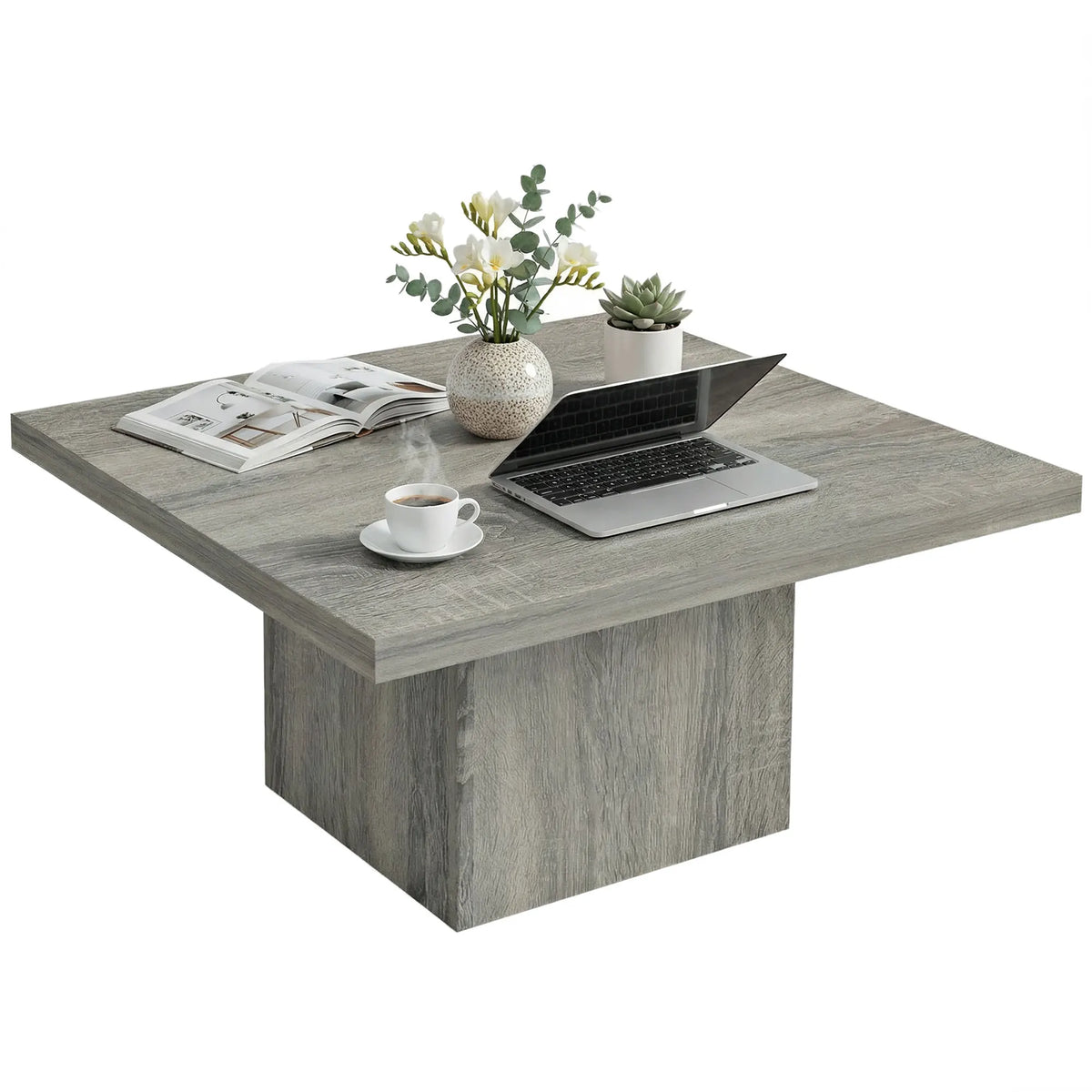 Asterecho gray square coffee table with pedestal base