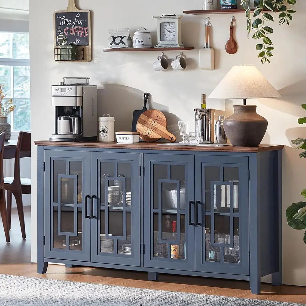 Blue sideboard with glass doors in a kitchen setting