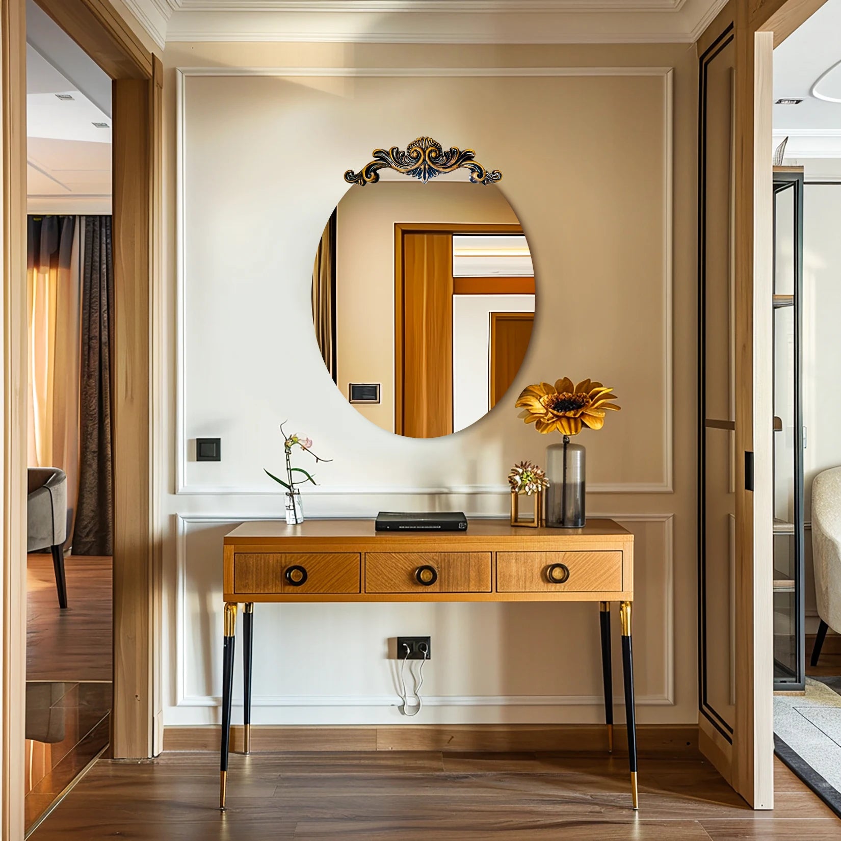 Oval & Round Baroque Wall Mirror with Ornate Crest