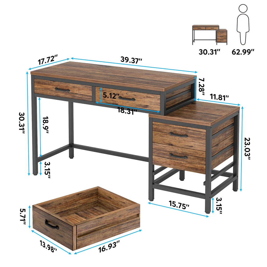 Wooden desk with dimensions and a person for scale on a white background