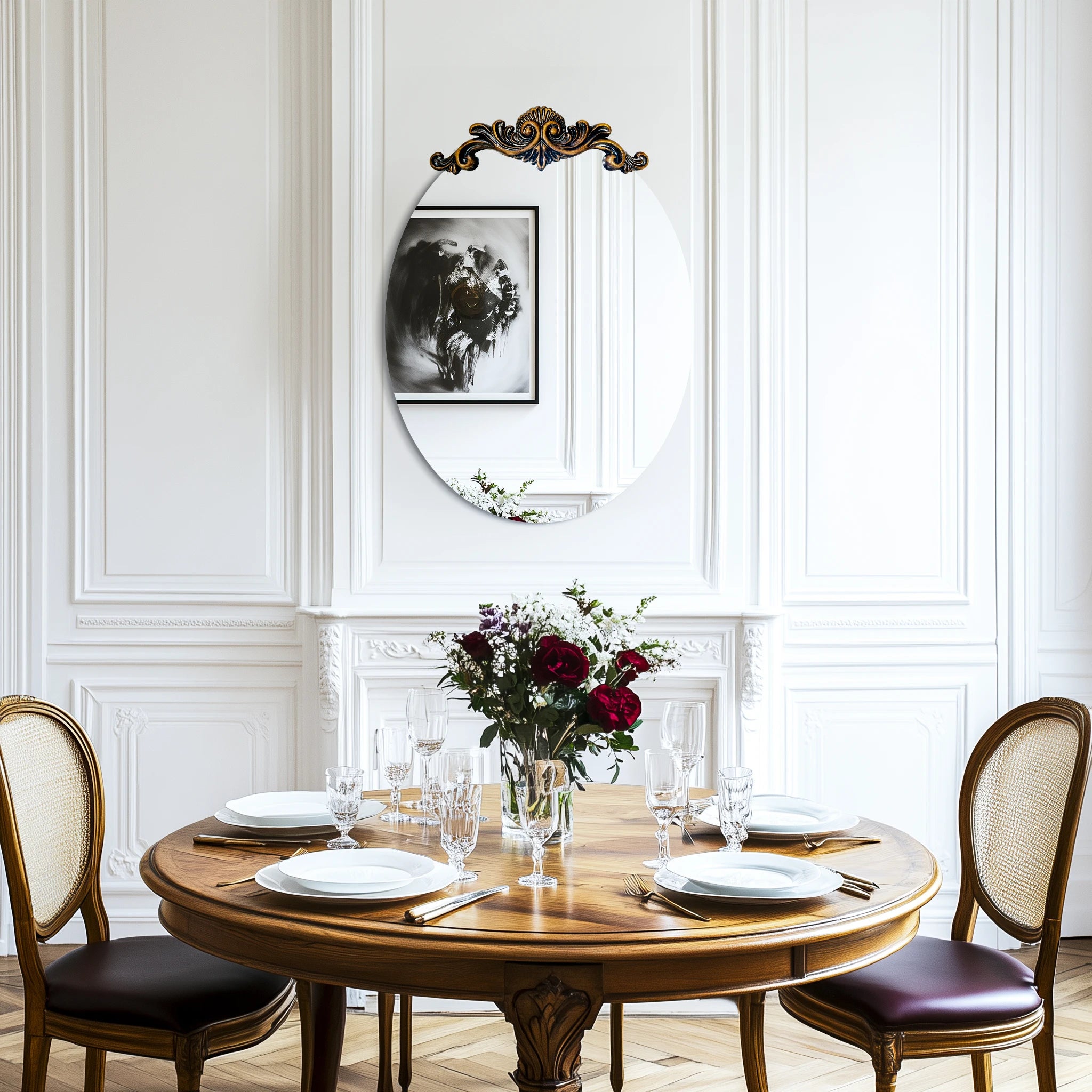 Oval & Round Baroque Wall Mirror with Ornate Crest