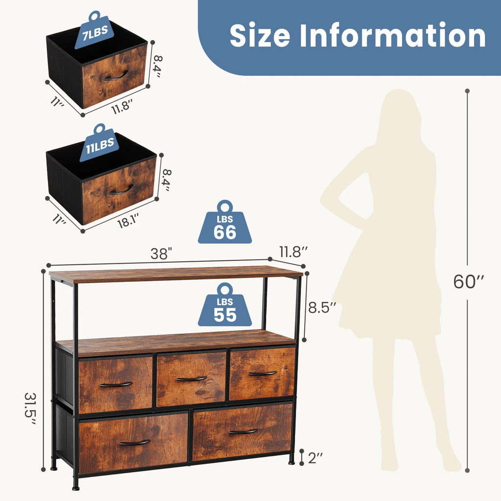 Wooden dresser with dimensions and weight labels, shown with a silhouette for scale.
