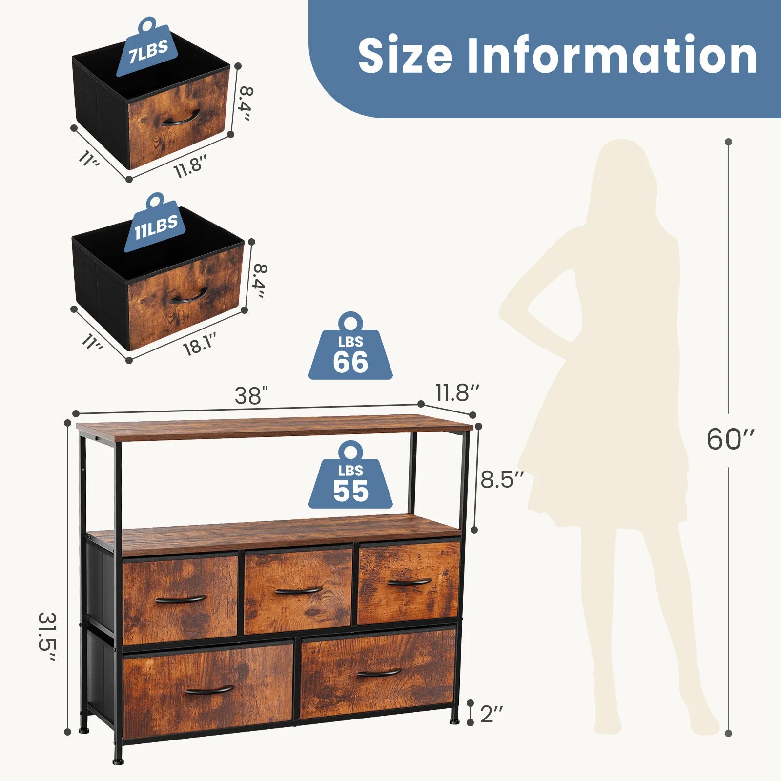 Wooden dresser with dimensions and weight labels, shown with a silhouette for scale.