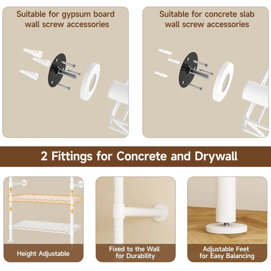 Everhalo wall fittings for drywall and concrete, adjustable shelves and leveling feet.