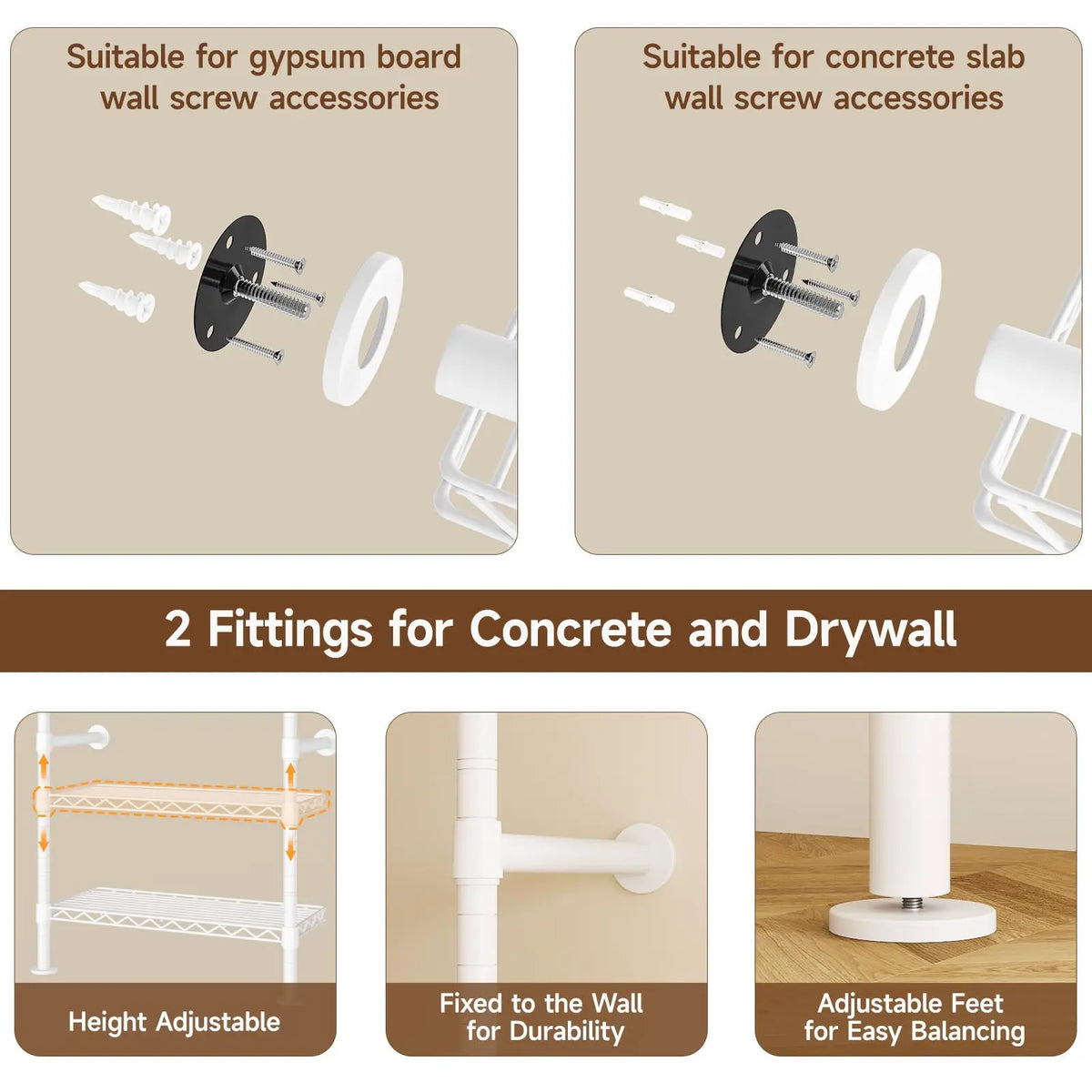 Everhalo wall fittings for drywall and concrete, adjustable shelves and leveling feet.
