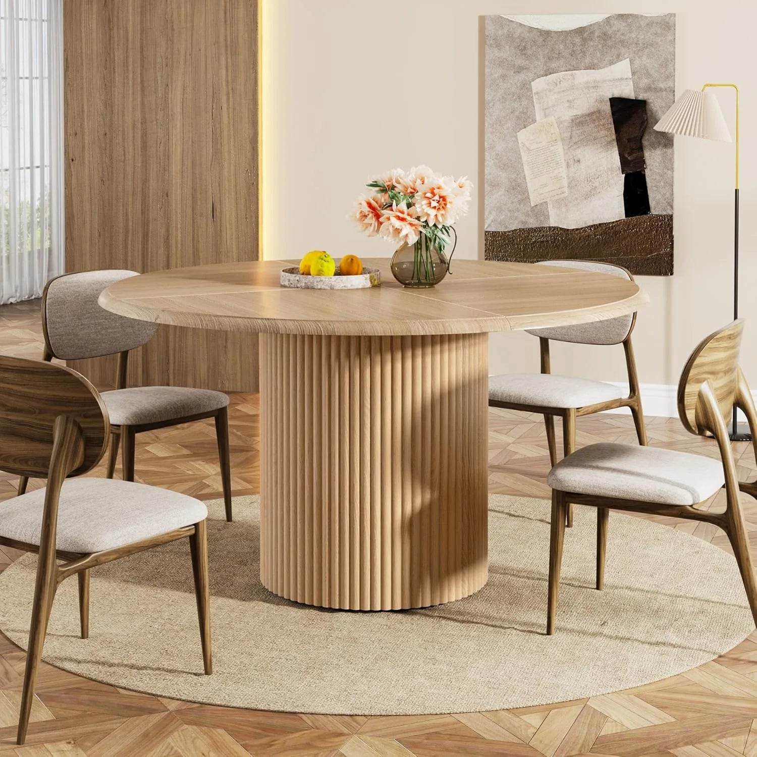 Round Wood Dining Table with Pedestal Base