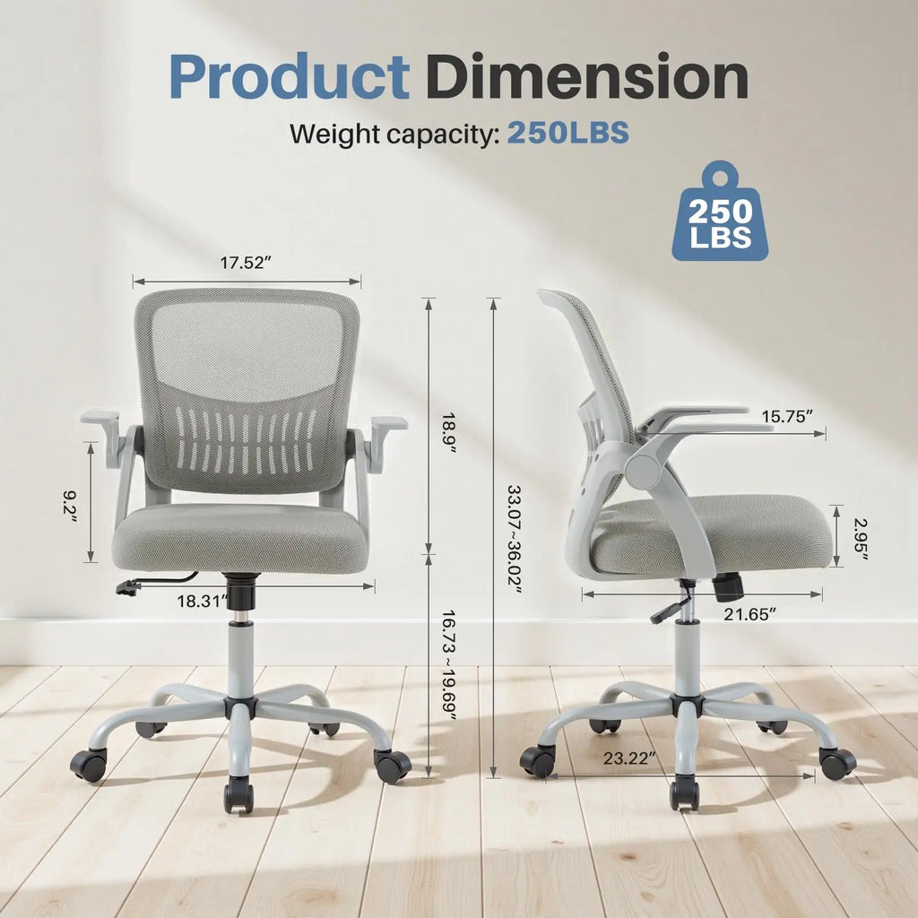 Gray office chair with dimensions and weight capacity on a light background