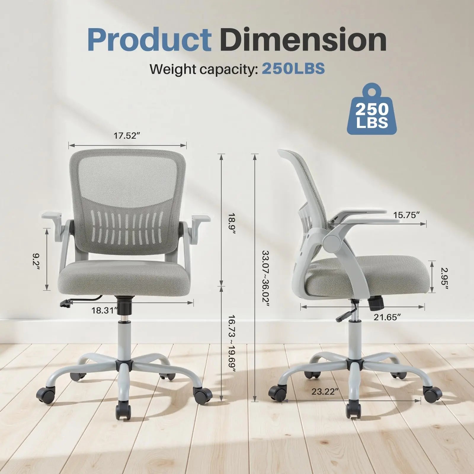 Gray office chair with dimensions and weight capacity on a light background