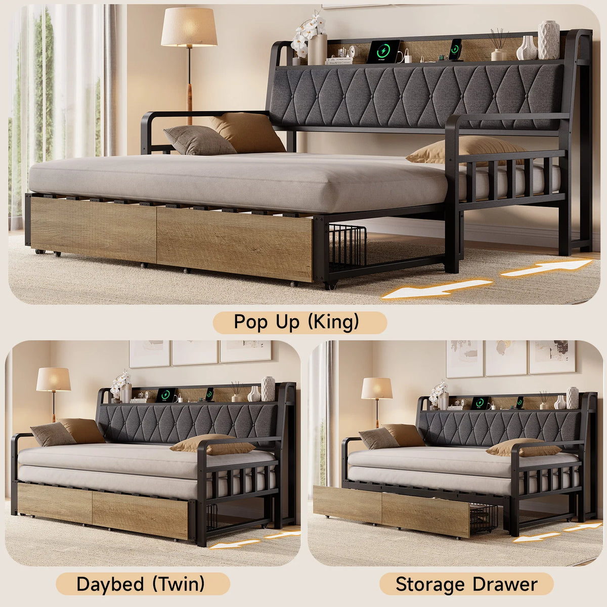Chimeline Black daybed shown expanded, compact and with a storage drawer open.