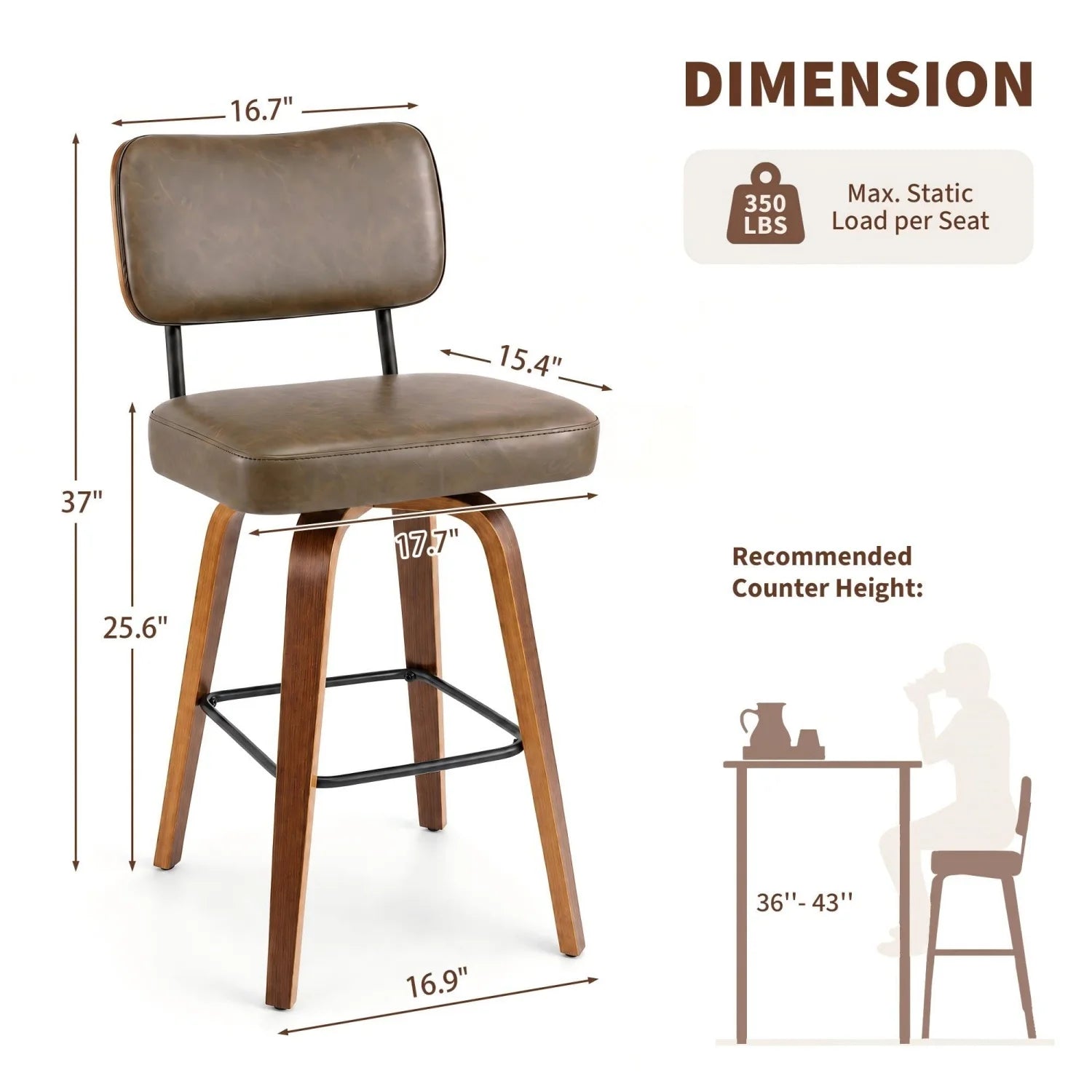 A brown upholstered bar stool with wooden legs and a black metal frame, shown with dimension callouts and a small usage diagram on a white background.