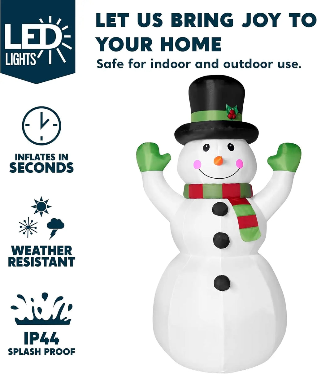 Hollymitt snowman inflatable overview with lighting and setup feature callouts.