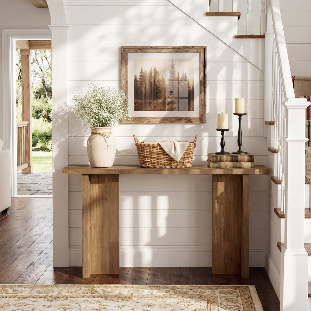 Front view of Harmonysong console table beside a staircase, with broad panel supports and an open base.