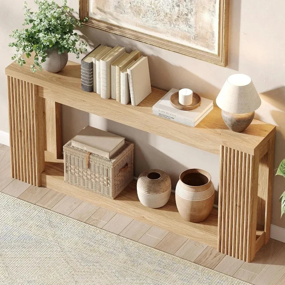 Natural fluted Alvienne entryway table seen from above with open lower shelf
