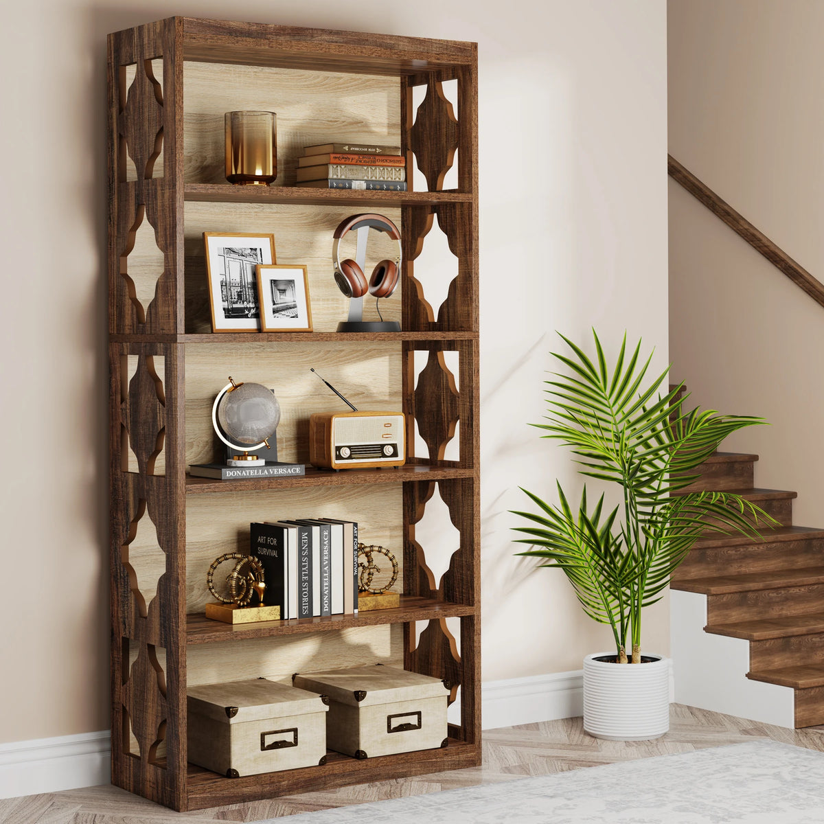 Wooden bookshelf with decorative items in a room with a plant and staircase.