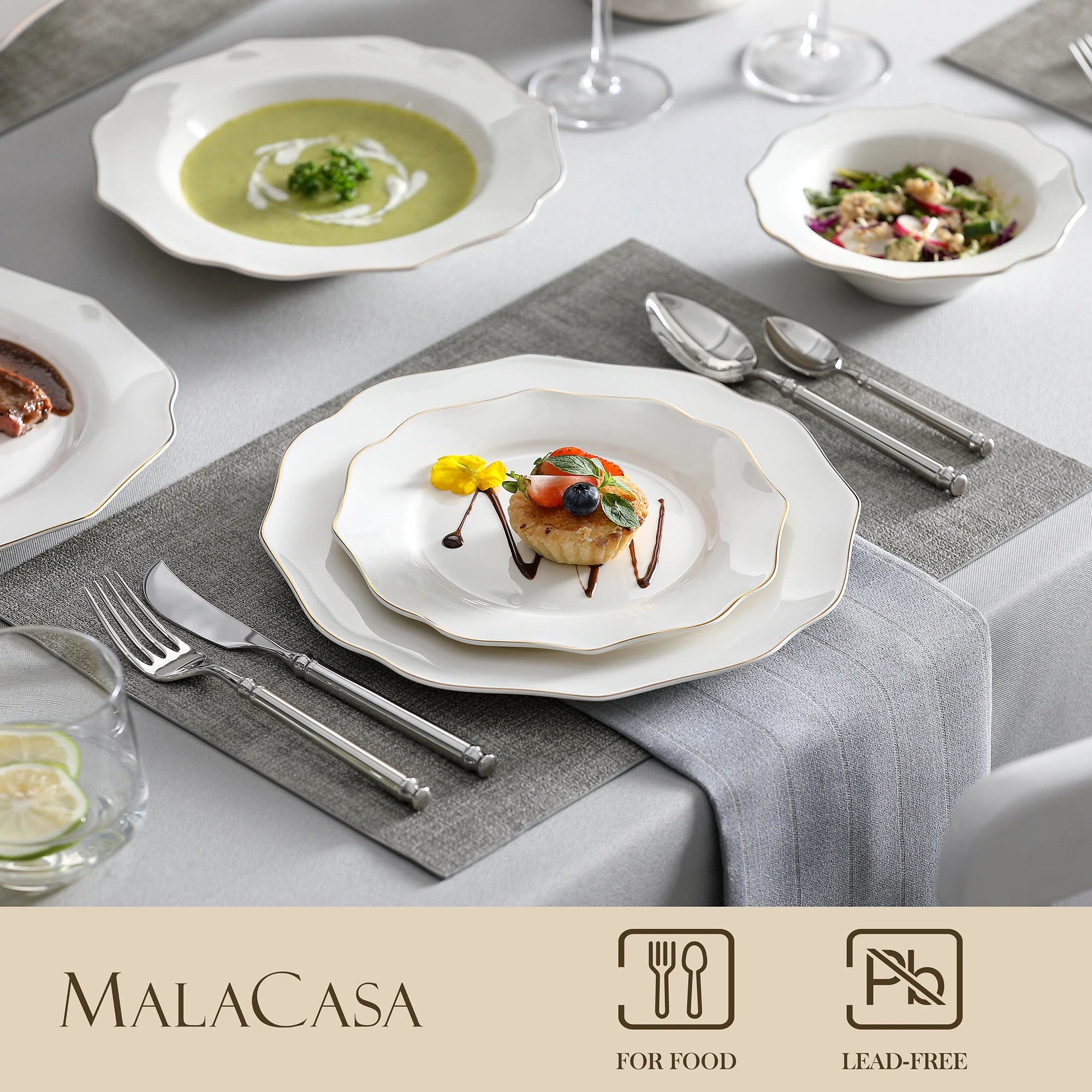 MALACASA LOTUS 16-Piece White Ceramic Dinnerware Set with Gold Rim