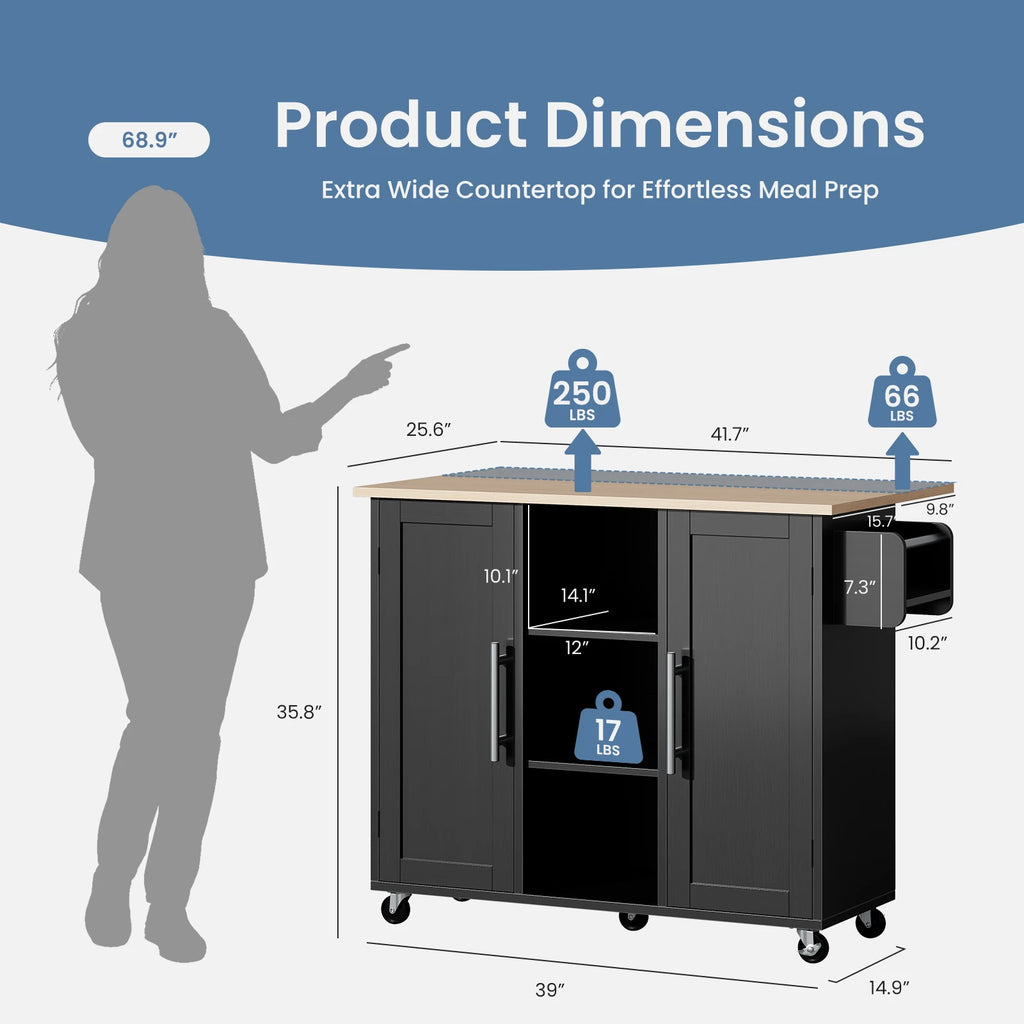 Product dimensions diagram for a black rolling kitchen counter and storage cabinet with a wood-look top, shown with a gray silhouette figure, weight capacities, and measurements on a light gray background.