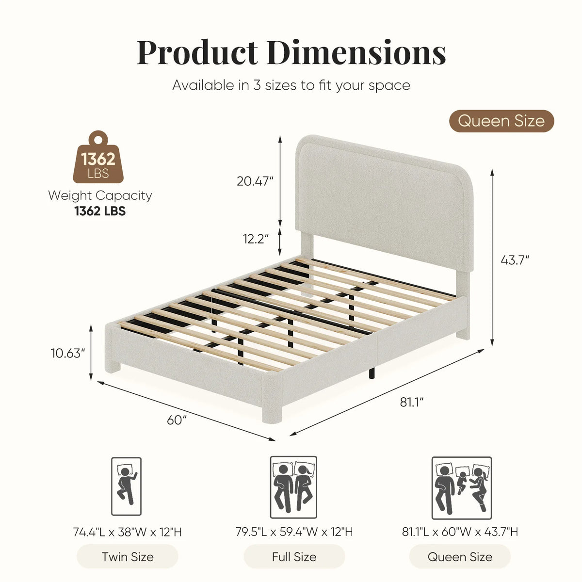 Cloudnote Queen bed dimension graphic showing 60-inch width, 81.1-inch length and 43.7-inch illustrated height