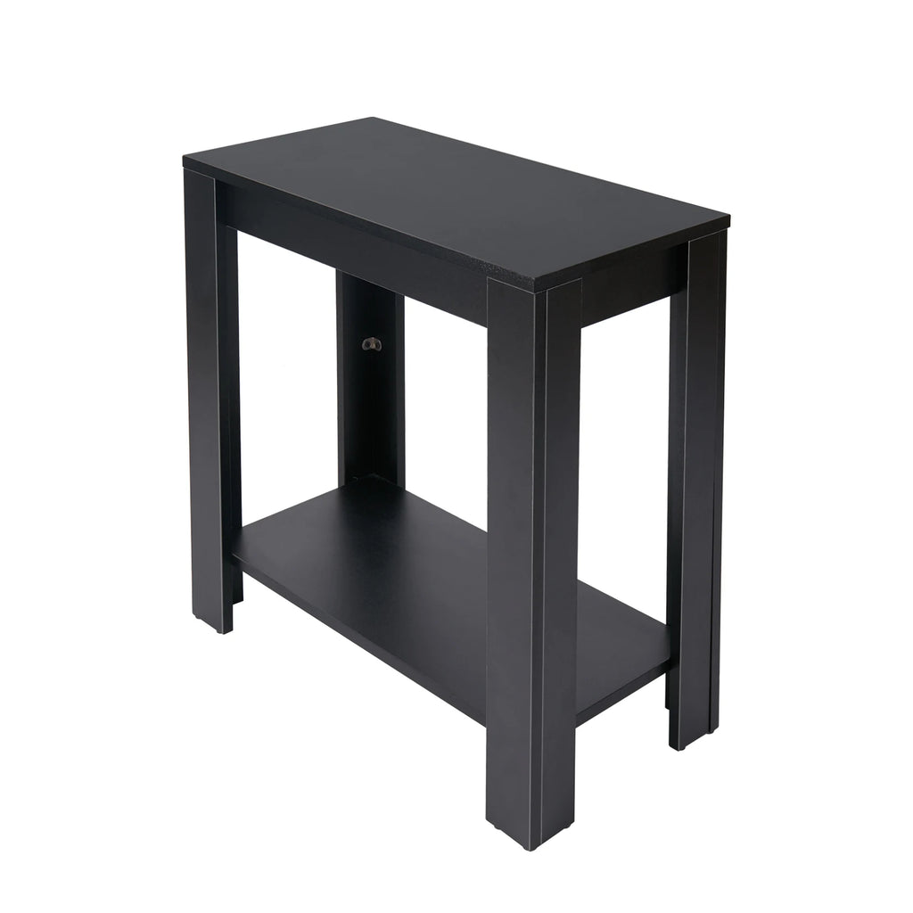 Isolated angled view of the Rhapsodylark black rectangular side table with four straight legs and one lower shelf.