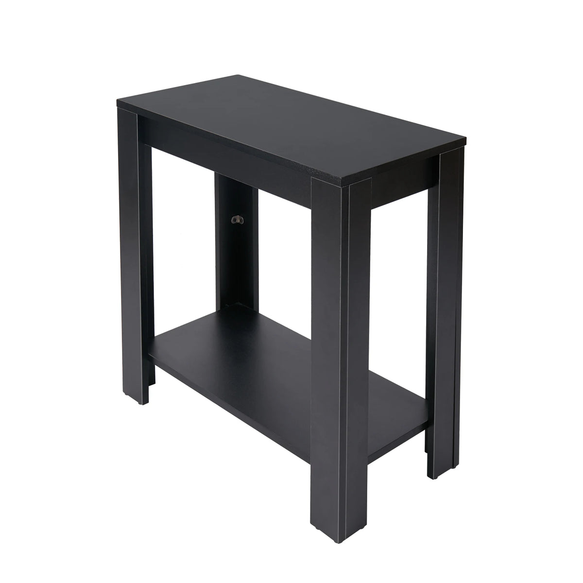 Isolated angled view of the Rhapsodylark black rectangular side table with four straight legs and one lower shelf.