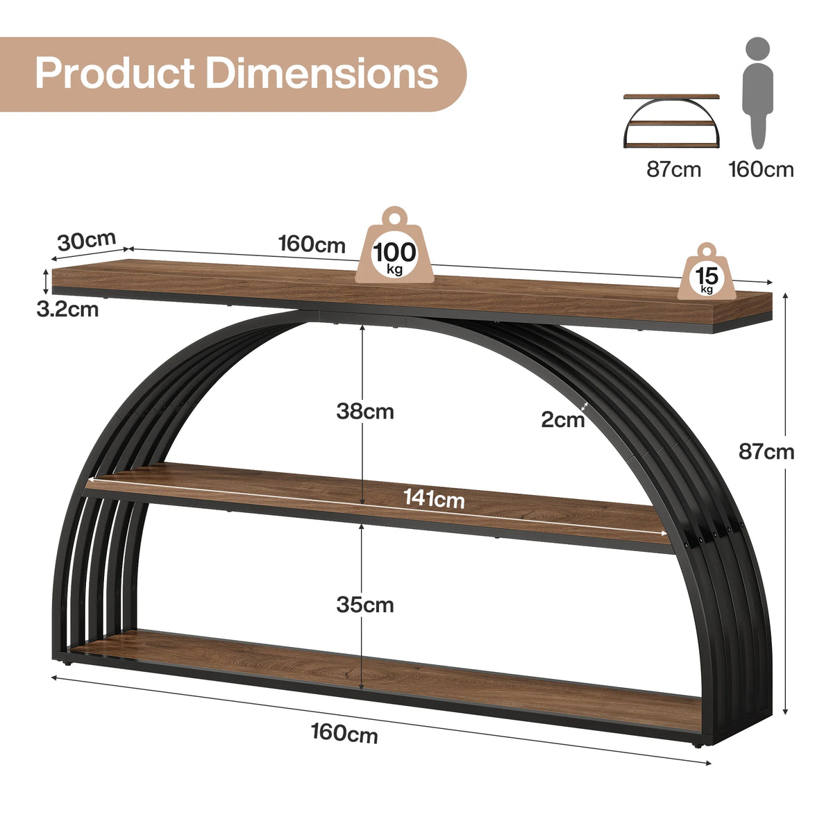 Measurement chart of a shelf with dimensions labeled