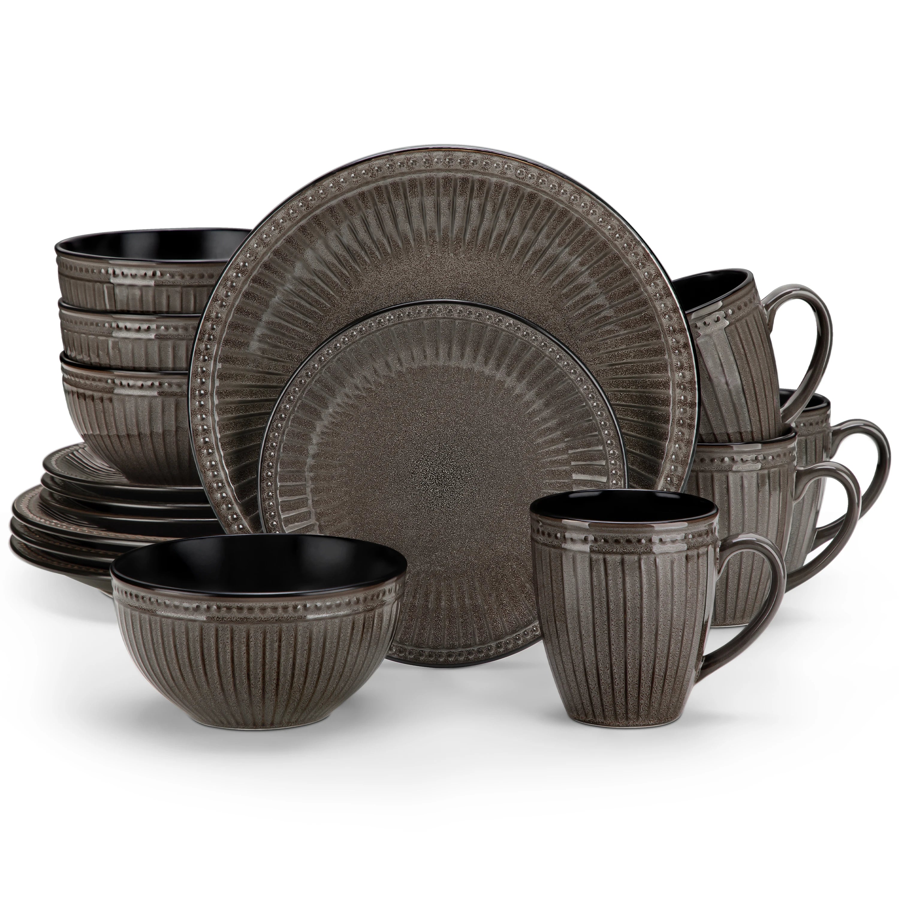 VANCASSO Eliga Stoneware Dinnerware Set – 16/32 Pieces, Black-Grey or Dark Brown