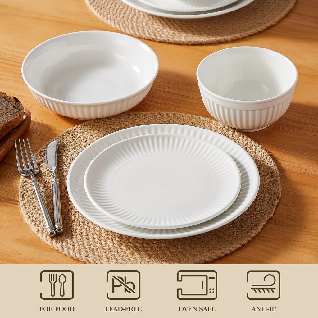 MALACASA LEILA Porcelain Dinnerware Set – White or White with Black Rim, 12–32 Pieces