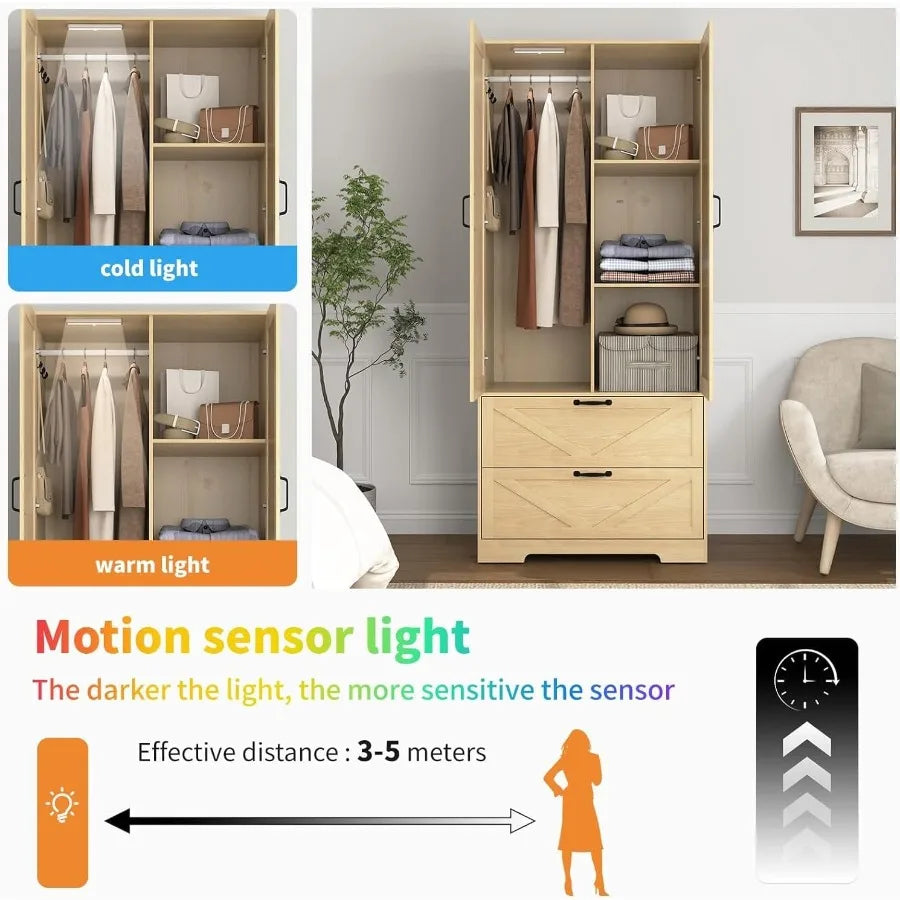 Motion-sensing wardrobe light illustration with warm and cool lighting examples inside the cabinet.