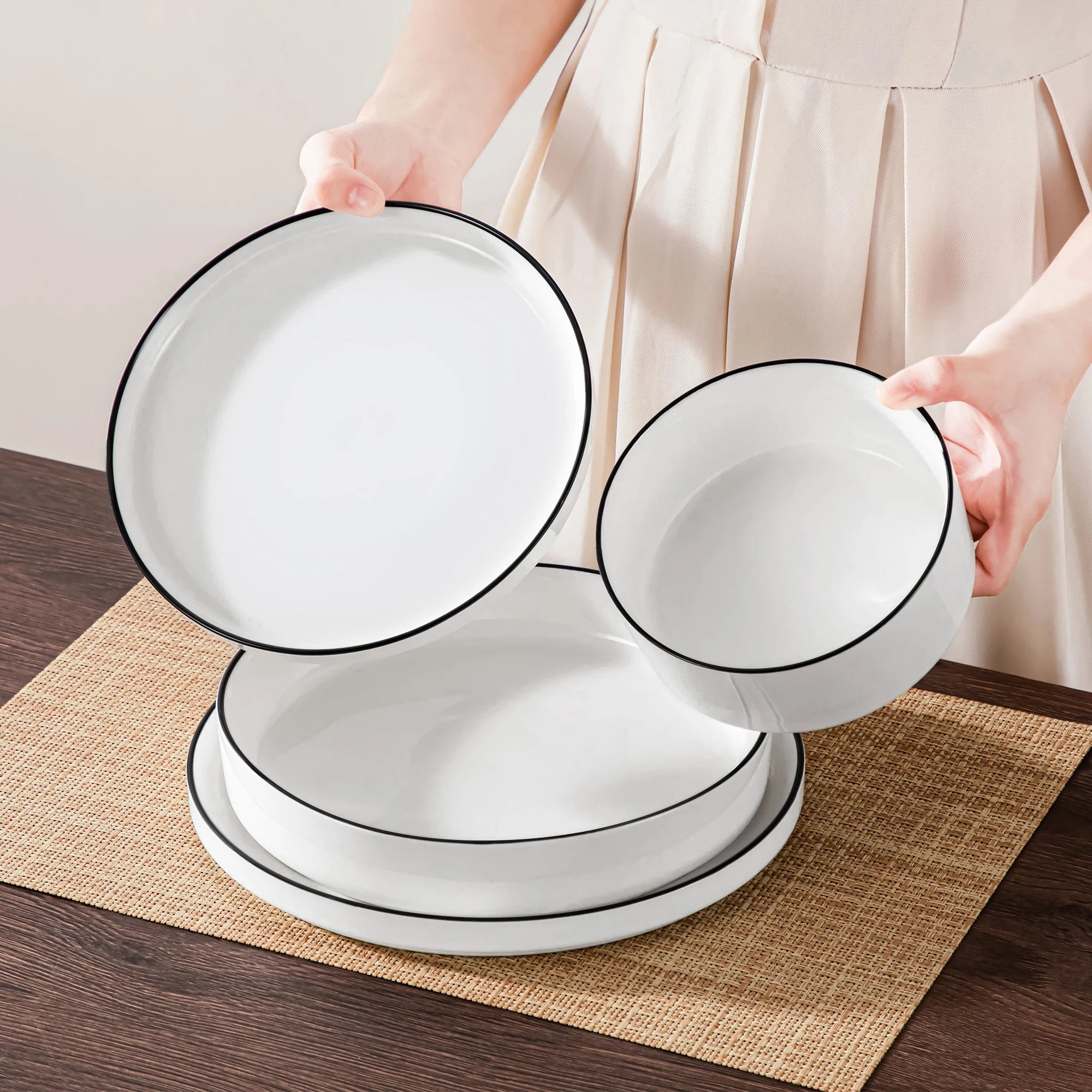 MALACASA Luna Series Ceramic Dinnerware Set - White or Black Rim