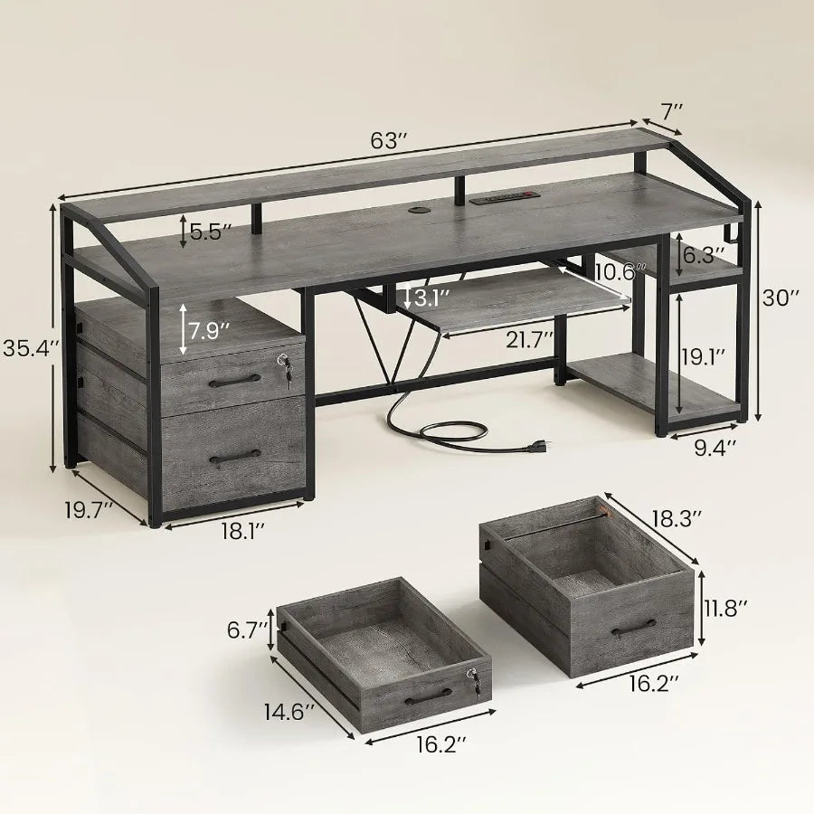 Measurement diagram showing the desk’s 21.7-inch keyboard tray, 7-inch monitor shelf depth and drawer sizes.