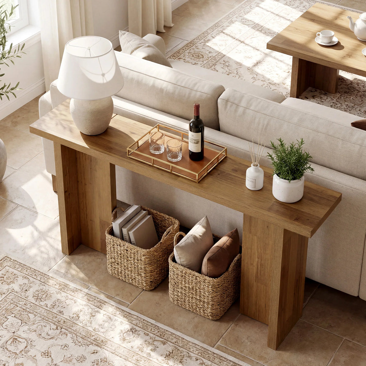 Harmonysong console table behind a sofa, with a lamp and tray on top and baskets resting on the floor below.
