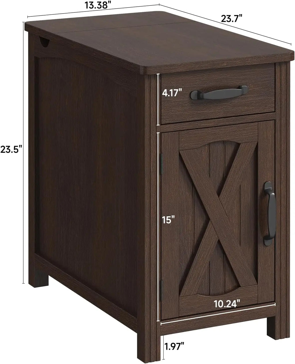 Gossamernote size diagram showing 13.38 by 23.7 by 23.5-inch overall dimensions and front panel measurements