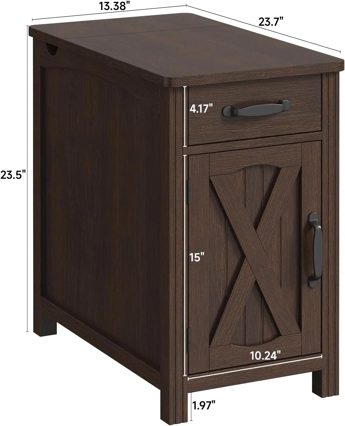 Gossamernote size diagram showing 13.38 by 23.7 by 23.5-inch overall dimensions and front panel measurements