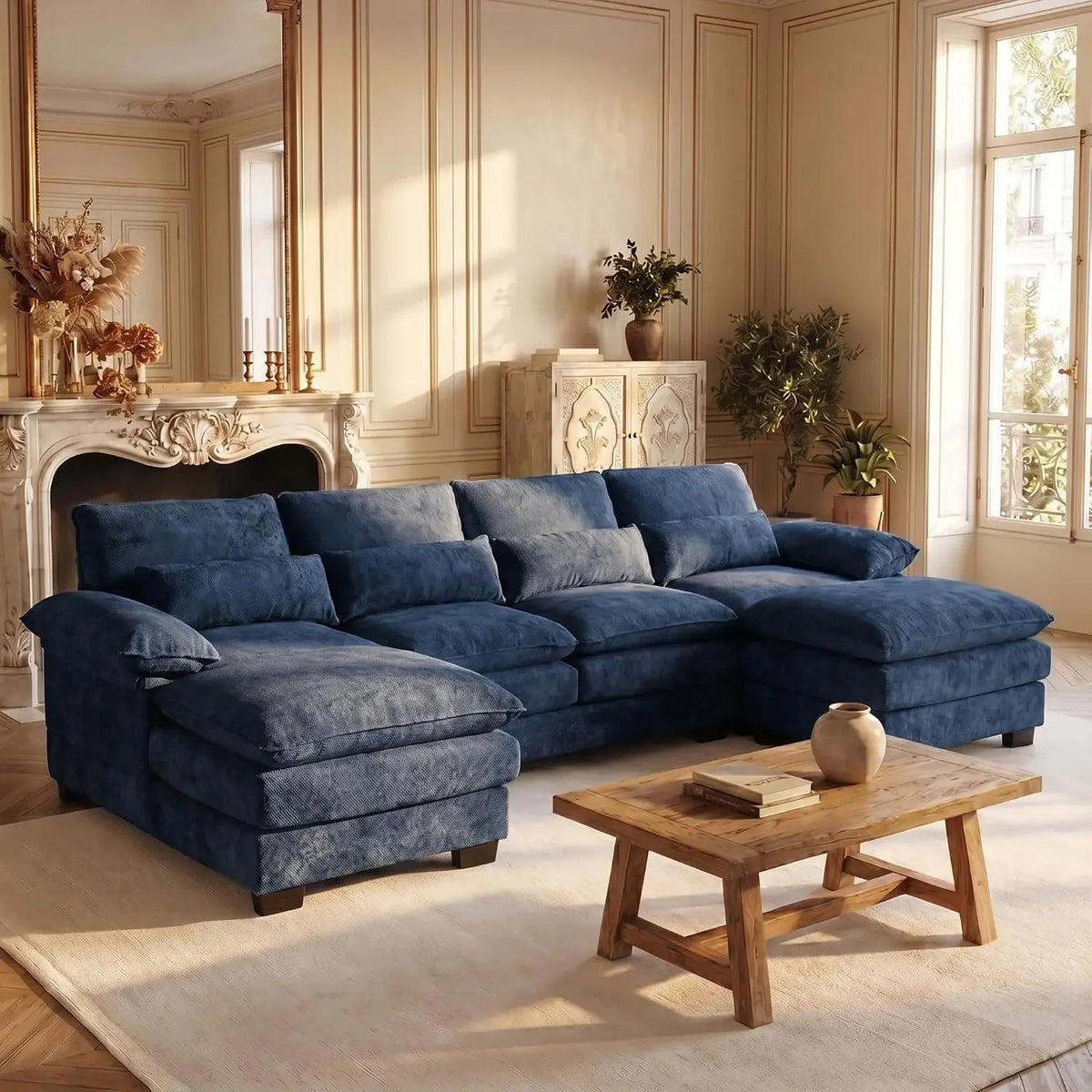 Halewyn sectional in Blue chenille fabric with dual chaise seating