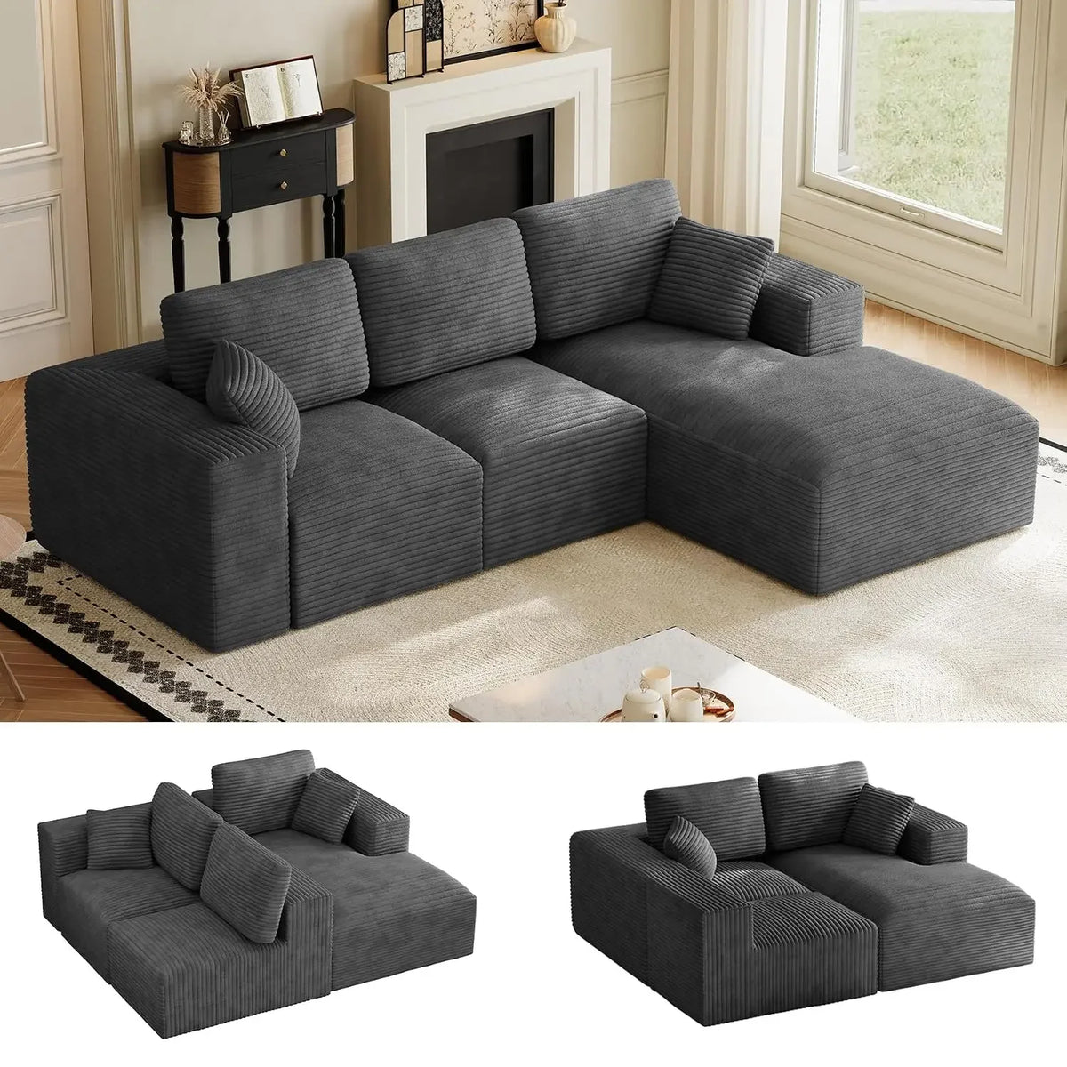 Dark Gray Linvere sectional with chaise on the right when facing the sofa